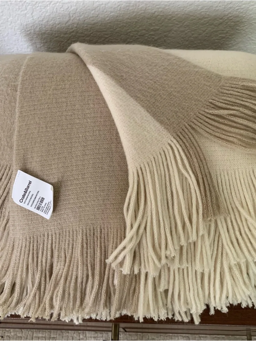 Crate&Barrel Two-Tone Fringe Throw in Cream and Tan Size 55” x 70” Soft
